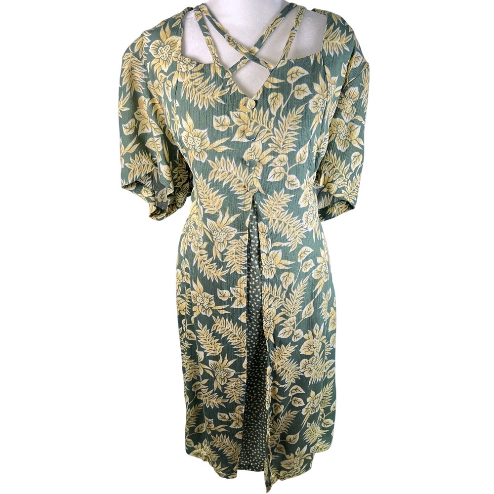 Westport Ltd Green Floral Crisscross Neck Dress Plus Size 24W Short Sleeve 90s